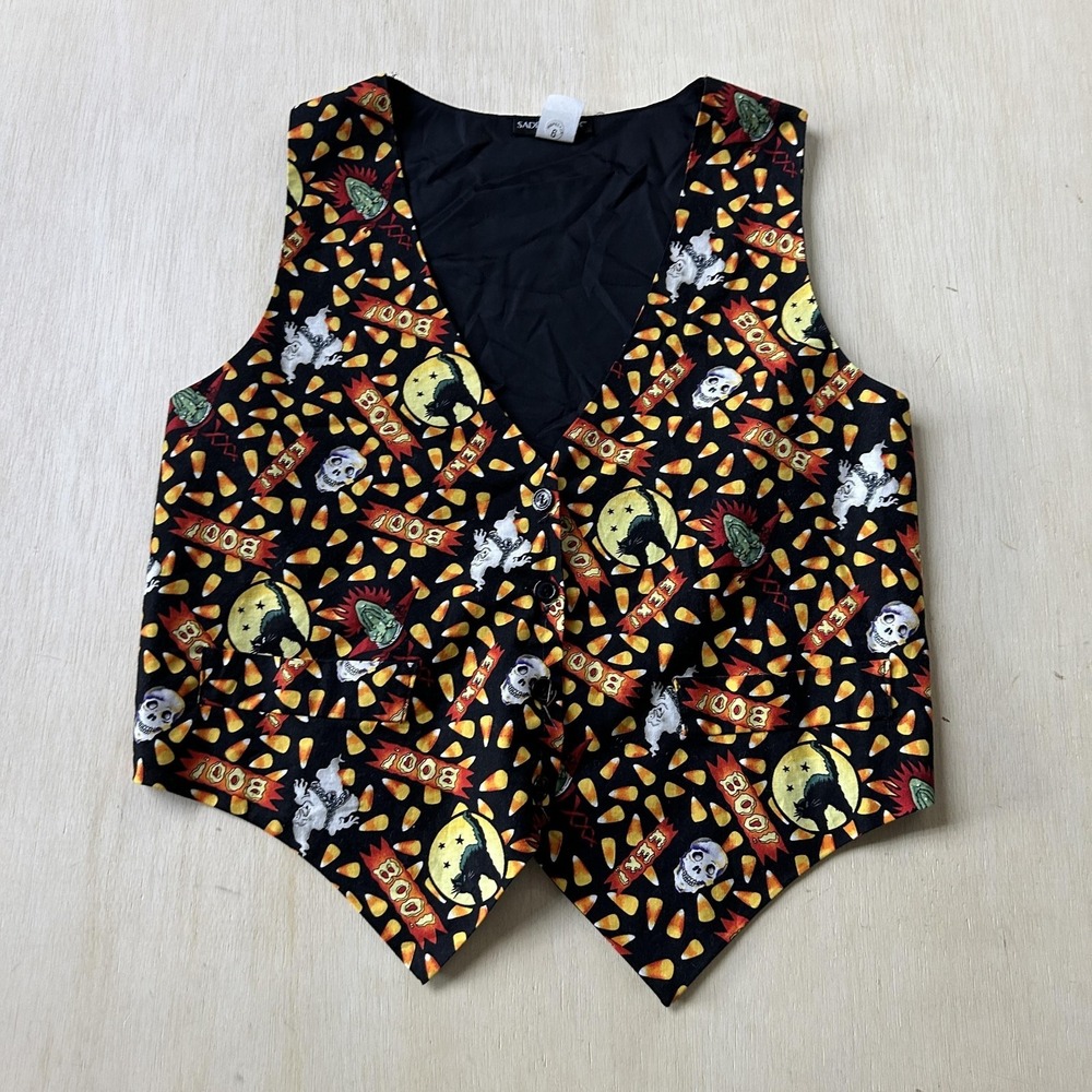 Vintage Halloween Vest Saddle River Womens M Black Candy Corn Skull Ghost Print
